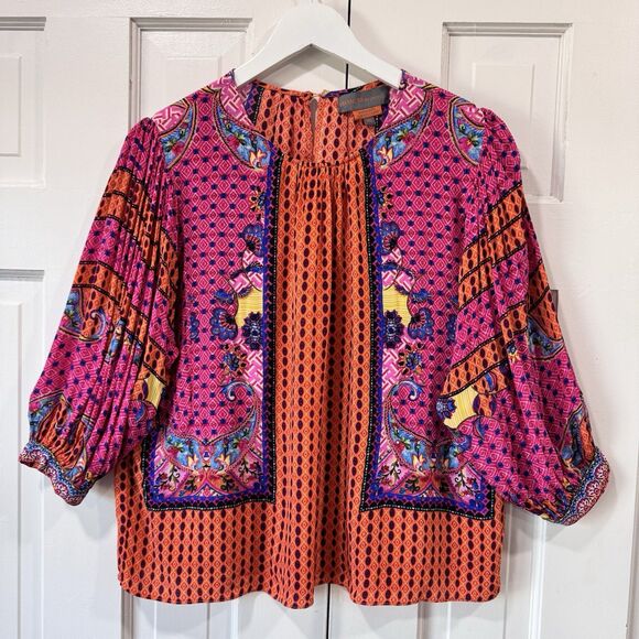 BHANUNI Anthropologie Viscose Emilia Peasant Vibrant Pink Oversize Beaded Top XS - Picture 2 of 14